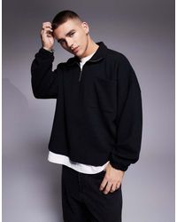 ASOS - Felpa Pesante Oversize Squadrata Nera A Coste Con Spalle Scese E Zip Corta - Lyst
