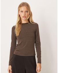 Mango - T-shirt en coton mélangé à manches longues et fines rayures - marron et crème - Lyst