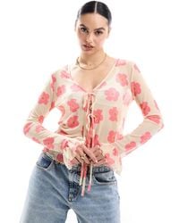 Pieces - Mesh Tie Front Blouse With Red Floral Print - Lyst