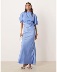ASOS - Satin High Neck Blouson Maxi Dress With Flutter Sleeve - Lyst