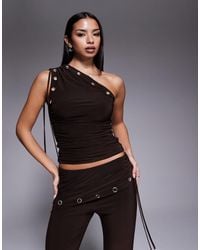 Kaiia - Exclusive Double Layered Slinky Eyelet Detail Ruched One Shoulder Top - Lyst