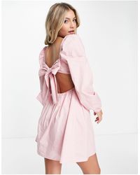 Missguided Tie Back Dress With Puff Sleeve - Pink