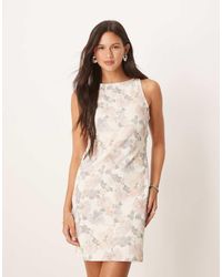 ASOS - Vestido Vaquero Corto Elástico Con Estampado Floral Y Detalle De Costuras De -Blanco - Lyst