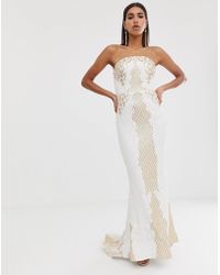 Bariano Embellished Patterned Sequin Maxi Gown With Train In White And Gold - Purple