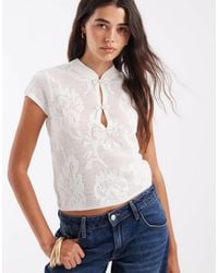 ASOS - Knitted Mandarin Collar Short Sleeve Floral Stitch Top - Lyst