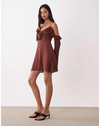 Miss Selfridge - Premium Linen Blend Knit Ruffle Cold Shoulder Mini Dress - Lyst