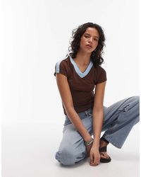 ASOS - Top Van Polyamide Met Korte Mouwen, V-Hals En Contrast - Lyst