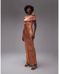 TOPSHOP - Vestito Lungo Da Cerimonia Con Stampa Sfocata A Fiori E Scollo Drappeggiato - Lyst