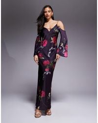 ASOS - Satin Long Sleeve Fallen Shoulder Cami Midi Dress - Lyst