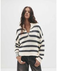 Pull&Bear - Maglione Color Sabbia A Righe Con Zip Corta - Lyst