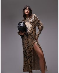 & Other Stories - Vestido Largo Con Mangas Voluminosas, Estampado De Leopardo Y Detalle Drapeado En La Espalda De Satén De -Beis Neutro - Lyst