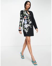 ASOS - Twill Keyhole Bodycon Mini Dress With Floral Embroidery - Lyst