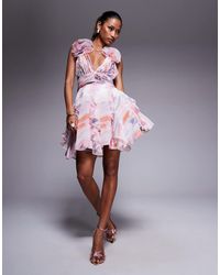 ASOS - – kurzes skater-kleid aus organza mit aquarell-print und rüschen - Lyst