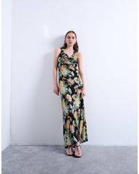 TOPSHOP - Vestido Largo Con Estampado Floral Vintage Vibrante, Cuello Desbocado Subido Y Costuras De - Lyst
