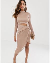 ASOS High Neck Long Sleeve Open Back Pencil Dress In Metallic Chainmail - Pink