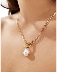 ASOS - Stainless Steel Necklace With Open Link Tbar And Faux Freshwater Pearl Pendant - Lyst