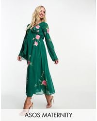 ASOS - Asos Design Maternity Tie Front Button Through Midi Dress With Floral Embroidery - Lyst