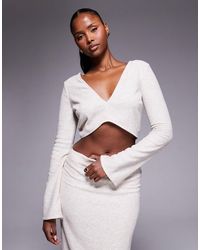 ASOS - Co-ord Brushed Rib V Front Crop Top With Flare Sleeve - Lyst