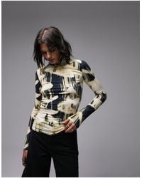 TOPSHOP - Abstract Print Long Sleeve Funnel Neck Top - Lyst