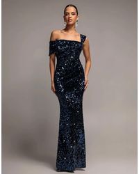 Goddiva - Asymmetric Off Shoulder Pleated Waist Maxi Dress - Lyst