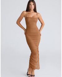 House Of Cb - Fornarina Tan Gathered Stretch Mesh Maxi Dress - Lyst