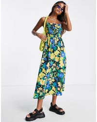 TOPSHOP - Poplin Bold Floral Shirred Strappy Midi Dress - Lyst