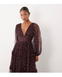 LACE & BEADS - Tulle Sheer Balloon Sleeve Plunge Neck Tiered Maxi Dress - Lyst