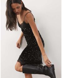 Pieces - Sequin And Velvet Asymmetric Lace Trim Midi Dress - Lyst
