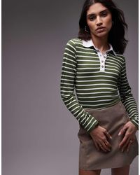 TOPSHOP - Top Oliva A Rayas Estilo Polo De Rugby De Manga Larga Con Diseño Encogido De Punto Liso De - Lyst