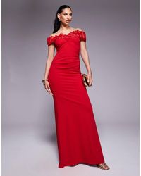 Goddiva - Fan Pleated Bardot Scuba Crepe Maxi Dress - Lyst