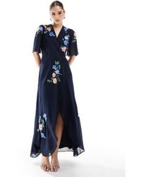 Hope & Ivy - Embroidered Flutter Sleeve Maxi Wrap Dress With Tie Waist - Lyst