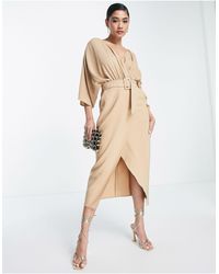 Urban Outfitters Uo Anna Linen Mixed Plaid Midi Wrap Dress Lyst