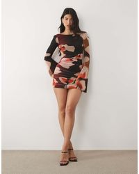 ASOS - Mesh Waterfall Sleeve Ruched Mini Dress - Lyst