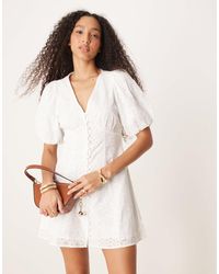 Gina Tricot - Long Sleeve Broderie Anglais V Neck Graduation Mini Dress - Lyst