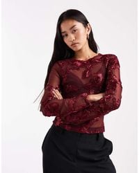 ASOS - Top Van Mesh Met Geborduurde Bloemen En Lange Mouwen - Lyst