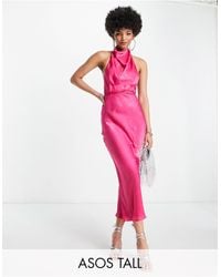 ASOS - Vestido midi rosa luminoso con cuello halter desbocado y lazada envolvente en la cintura - Lyst