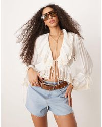 Mango - Tie Front Lace Boho Blouse - Lyst