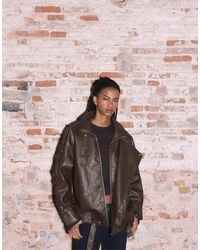 Stradivarius - Oversize Leather Effect Jacket With Collar - Lyst