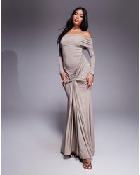 Aria Cove - Deep Bardot Gold Hardware Front Drape Detail Maxi Dress - Lyst