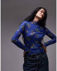 TOPSHOP - Floral Print Crinkle Mesh Long Sleeve Top - Lyst