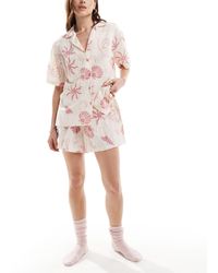 Loungeable - Retro Print Cotton Oversized Shirt And Short Set - Lyst
