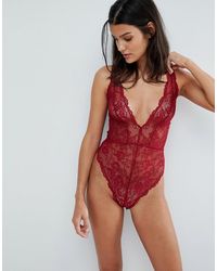 ASOS Blair High Leg Lace Bodysuit With Lace Up Back - Red
