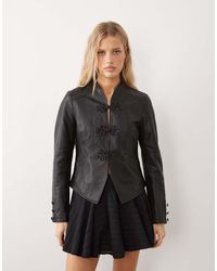 Urbancode - Leather Fitted Military Style Jacket With Frog Clasps - Lyst