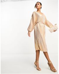 French Connection - Belted Midi Dress With Balloon Sleeves - Lyst