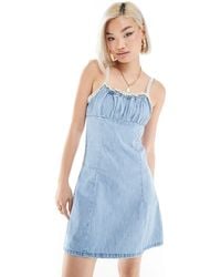 ASOS - Denim Mini Cami Dress With Ruched Bust And Crochet Strap Detail - Lyst