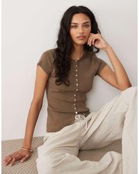 Mango - Button Up Knit Short Sleeve Top - Lyst