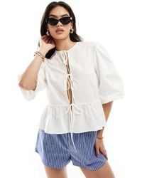 ASOS - Linen Blend Tie Front Peplum Tie Front Blouse - Lyst