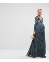 Maya Maternity Plunge Front Long Sleeve Maxi Dress In Tonal Delicate Sequin And Tulle Skirt - Blue