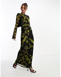 ASOS - Robe longue imprimée en tulle fleuri avec dos échancré et manches ange - vert et noir - Lyst