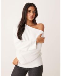 ASOS - Fluffy Knitted One Shoulder Jumper With Cinched Waist Ecru - Lyst